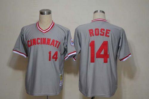 Mitchell And Ness Reds #14 Pete Rose Grey Throwback Stitched MLB Jersey - Click Image to Close